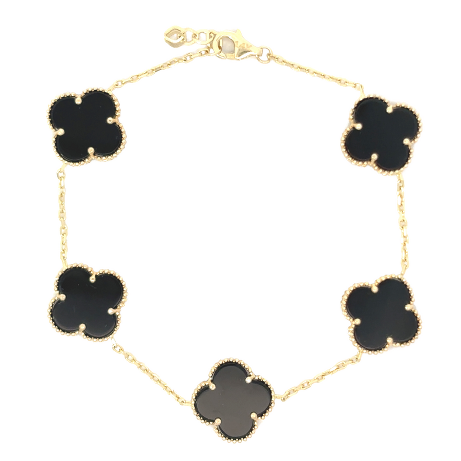 14k Gold Bracelet with 5 Black Stones – Adjustable 18-19.5 cm for Women