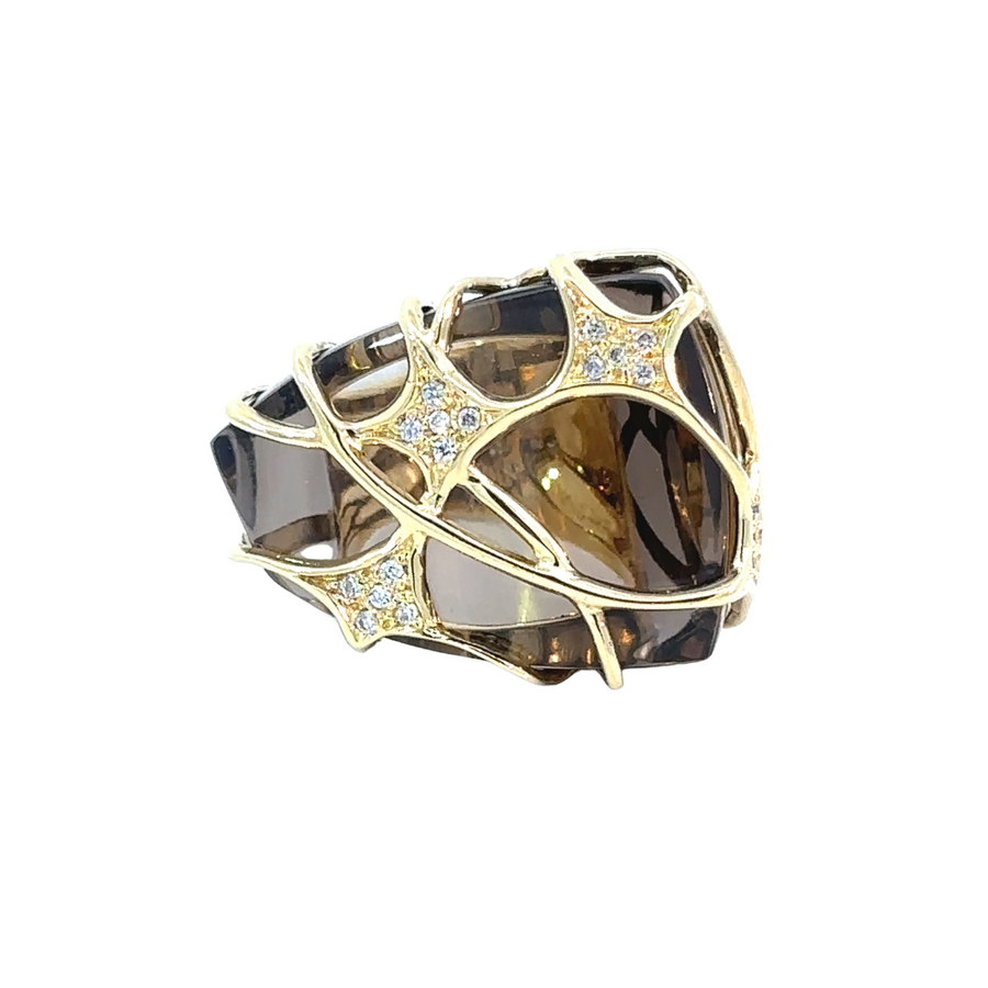 YG Smoky Quartz Ring with Diamonds – Size 7 – 18k Gold