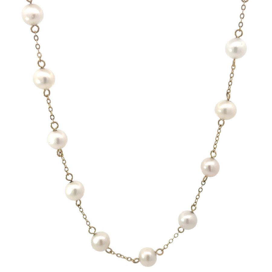 14k Gold Necklace with 32 Pearls – 22-Inch Elegant Design