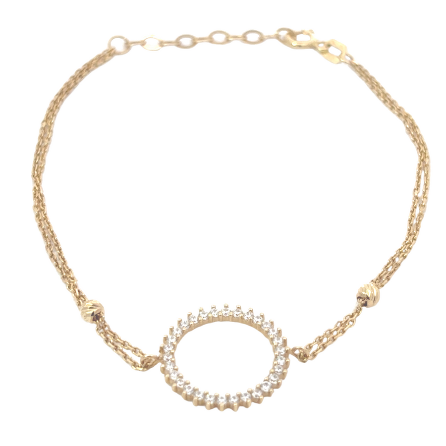 14k Gold Double Circle CZ Bracelet – Adjustable 17 to 19.7 cm for Women