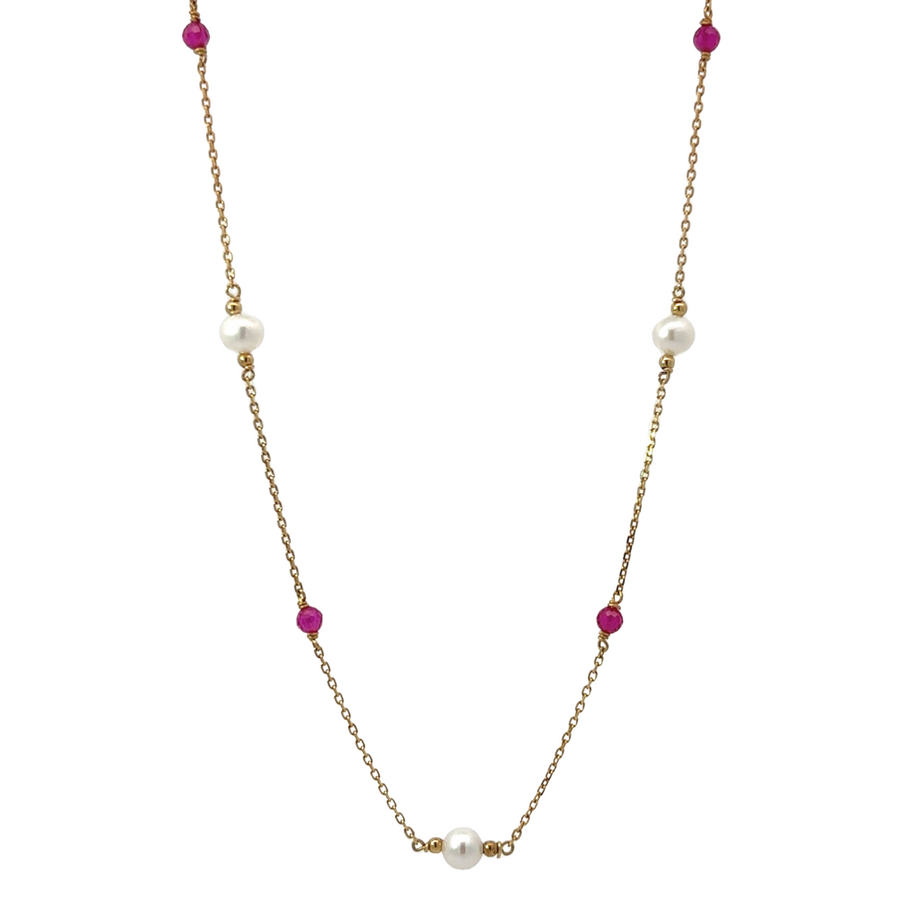 14k Gold Necklace with 4 Stones XXS &amp; 3 Pearls – Adjustable 15.25" to 16.40"