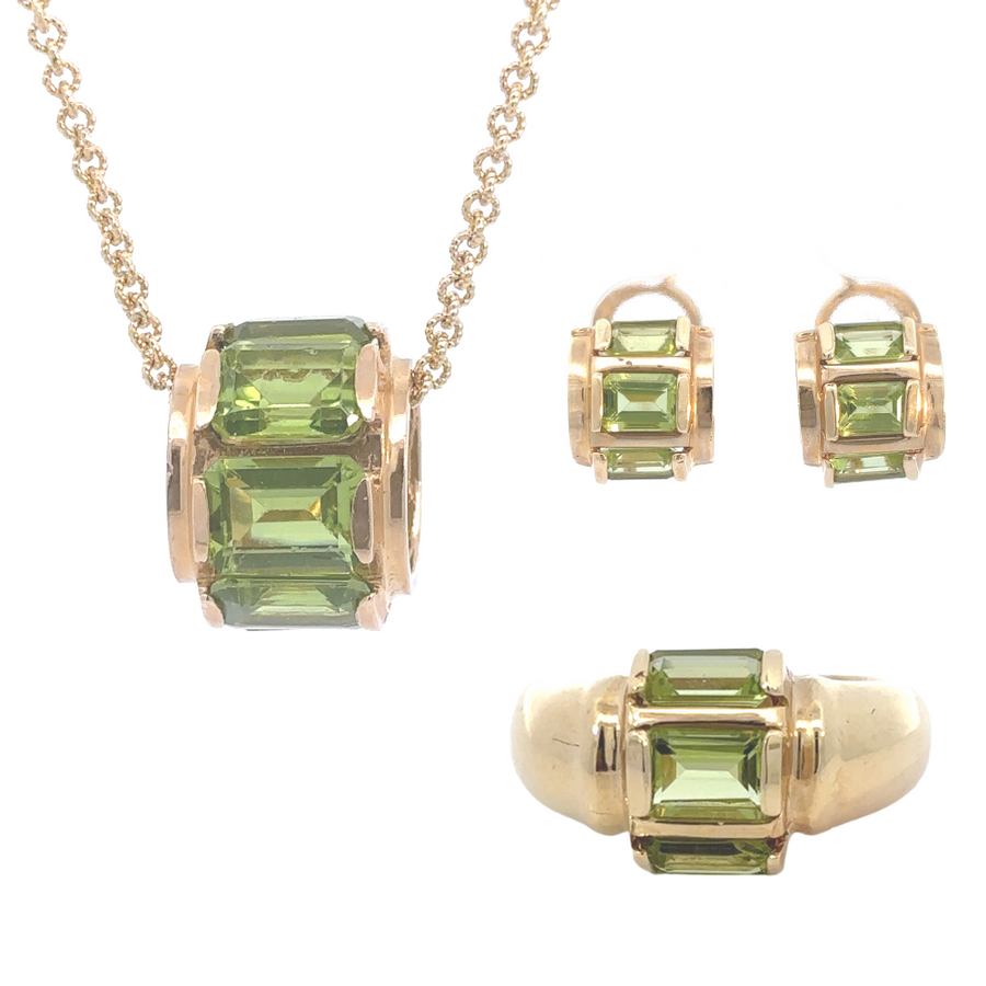 Women's 14k Gold Jewelry Set with Green Stones – Necklace, Earrings, and Ring