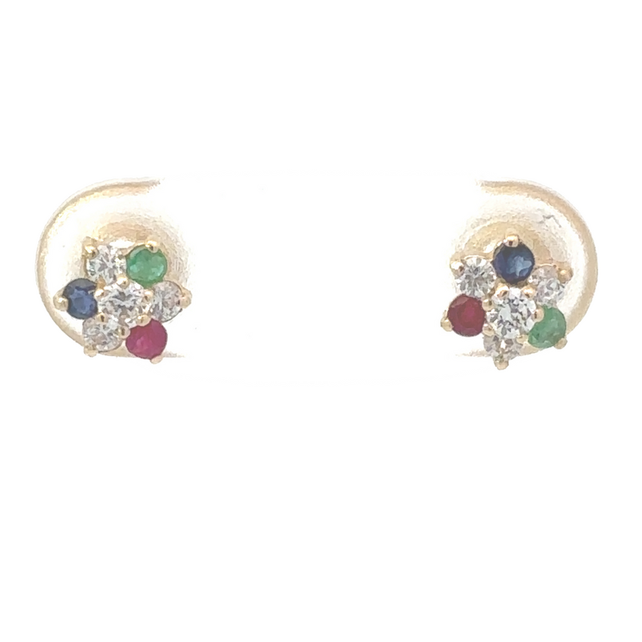 14k Gold Flower Stud Earrings with Multi-Color CZ – For Women & Babies