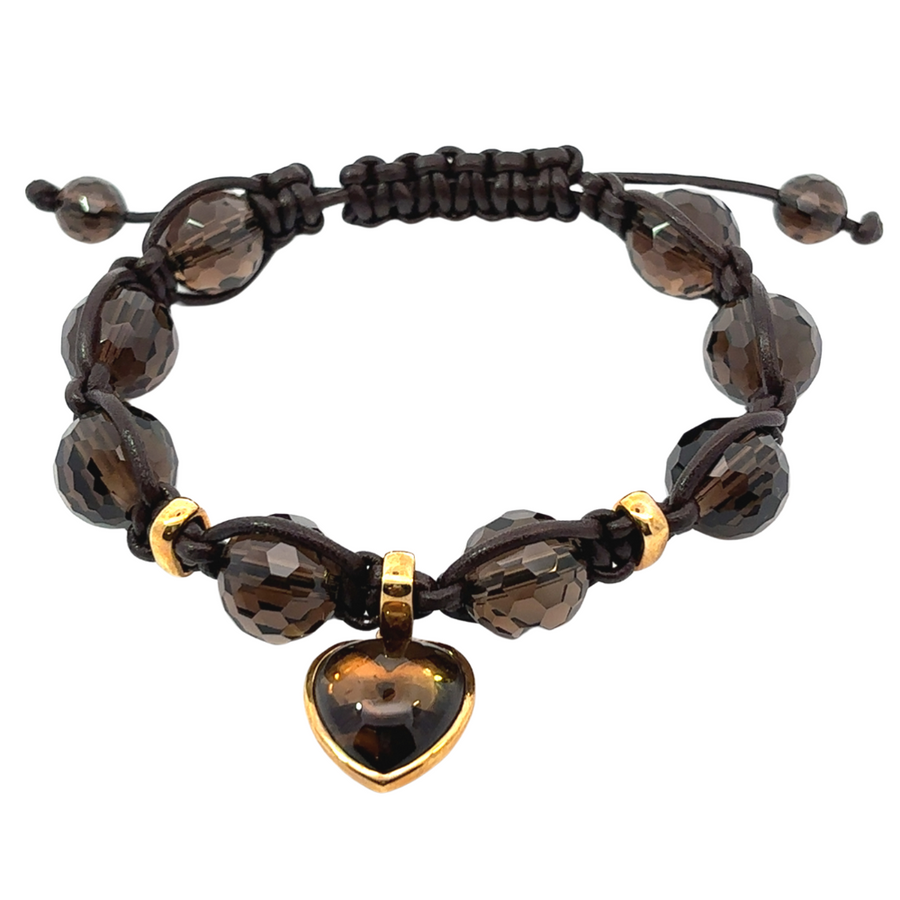 Unisex 18k Gold Bracelet with Brown Onyx &amp; Heart Charm