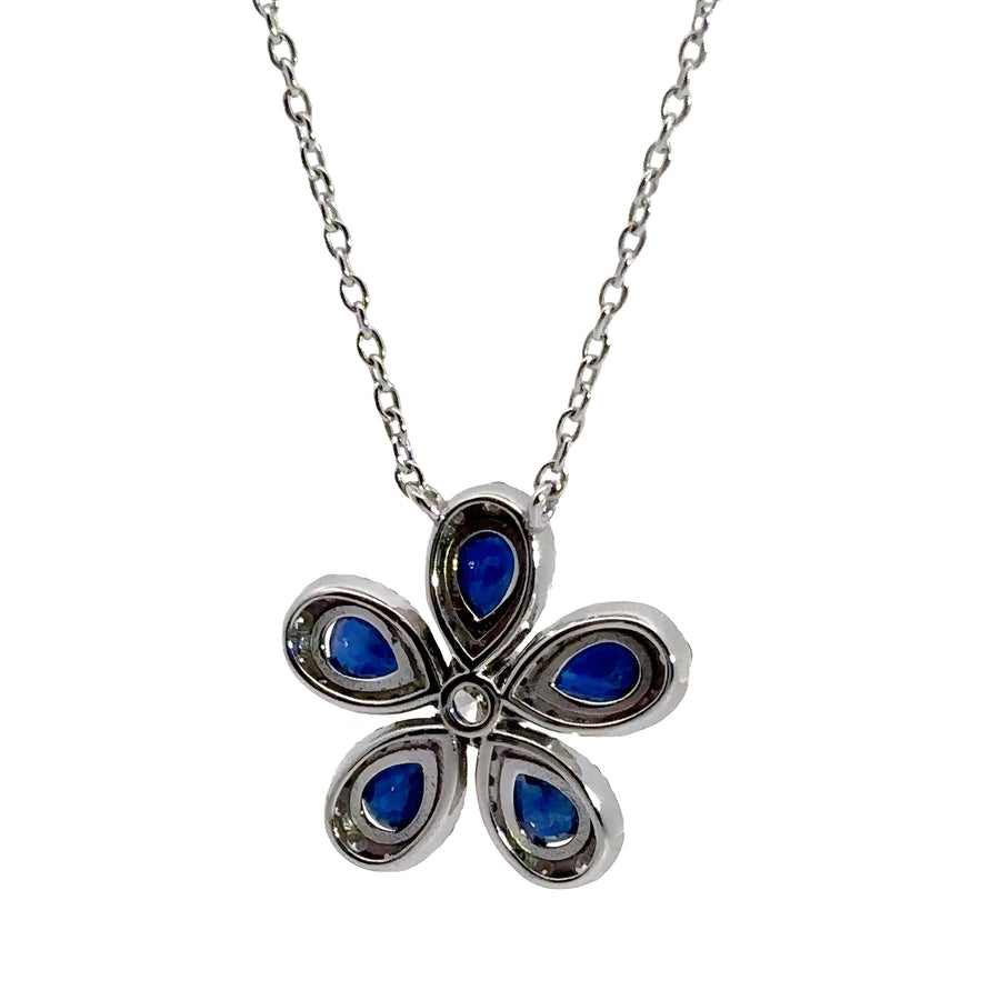 14k Gold Flower Necklace with Diamonds and Sapphire (Set 3), 17 Inch