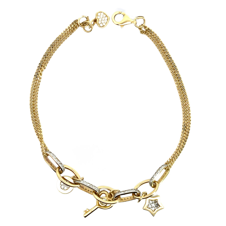 14k Gold Bracelet with Star, Circle, Key Charms & CZ, Adjustable 18 to 19 cm