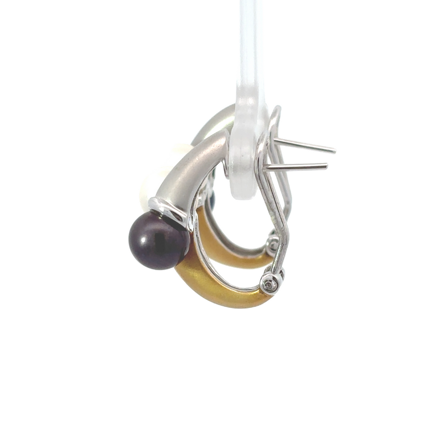 14k Gold Two-Tone Earrings with Black and White Pearls for Women