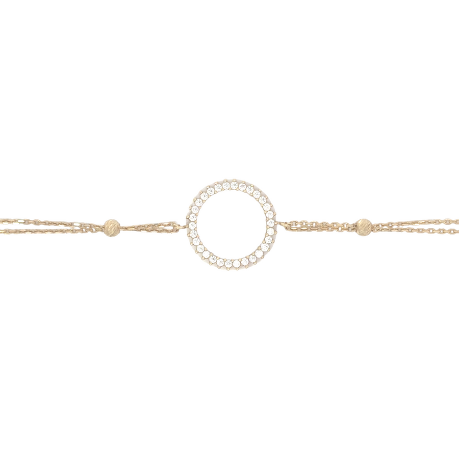 14k Gold Double Circle CZ Bracelet – Adjustable 17 to 19.7 cm for Women