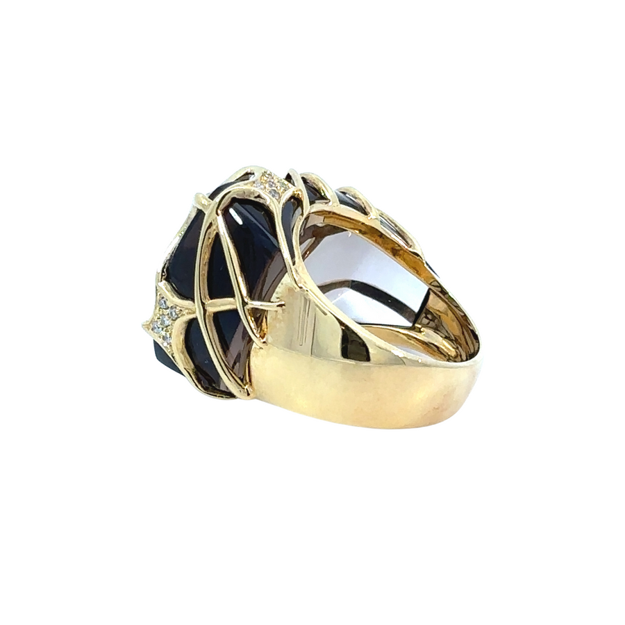 YG Smoky Quartz Ring with Diamonds – Size 7 – 18k Gold