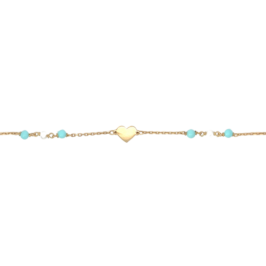 14k Gold Bracelet with XS Pearl, Turquoise, and Mini Heart – Adjustable Women's Jewelry