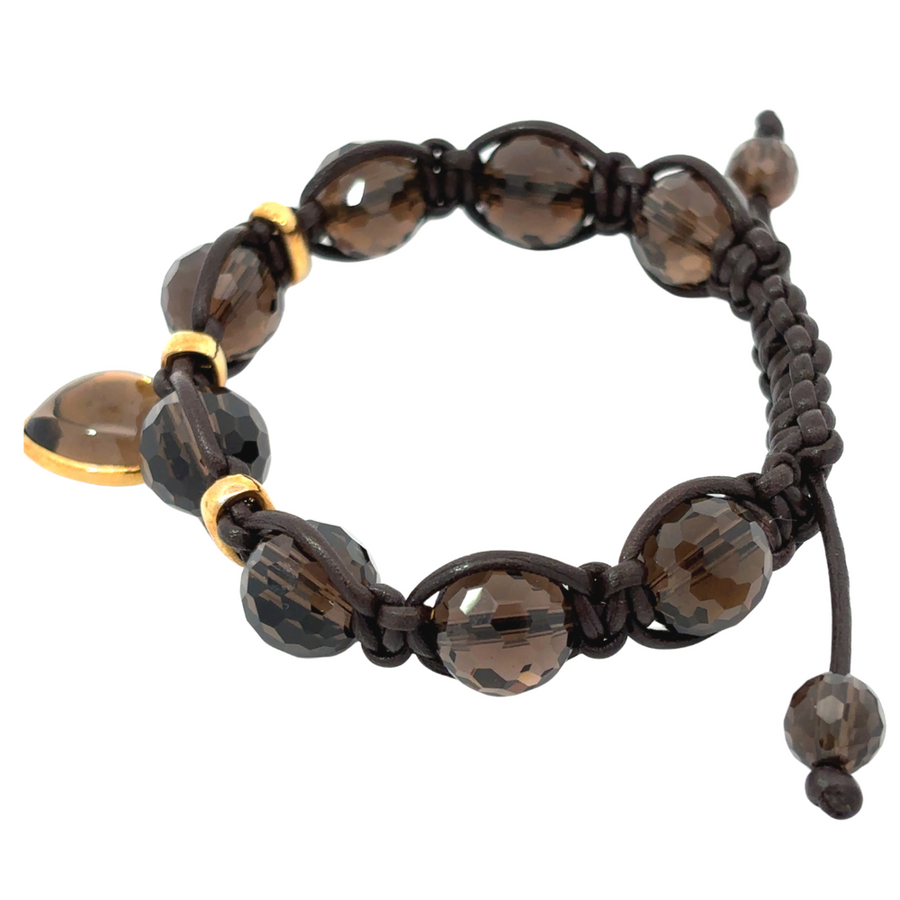 Unisex 18k Gold Bracelet with Brown Onyx &amp; Heart Charm