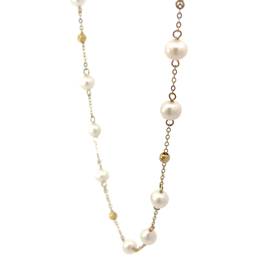 14k Gold Necklace with Pearls and Gold Balls – 27-Inch Elegant Design