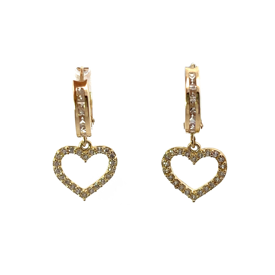 14k Gold Huggies with Center Heart and Cubic Zirconia for Women