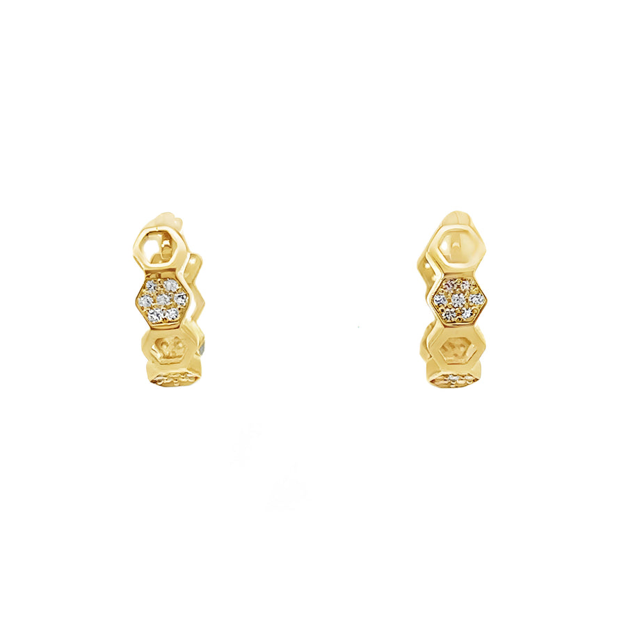 14K Gold Huggies Beehive Earrings with CZ for Women