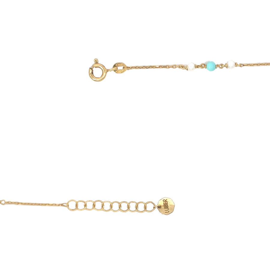 14k Gold Bracelet with XS Pearl, Turquoise, and Mini Heart – Adjustable Women's Jewelry