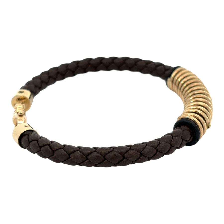 14k Gold and Brown Leather Bracelet for Men, 20 cm