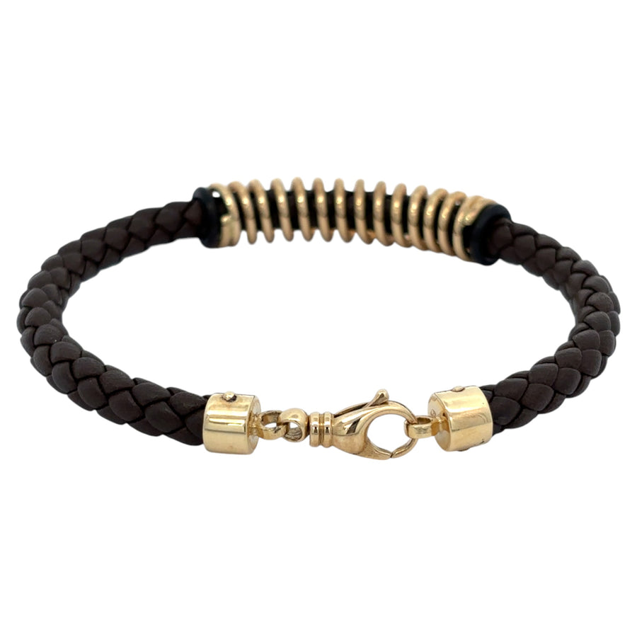 14k Gold and Brown Leather Bracelet for Men, 20 cm