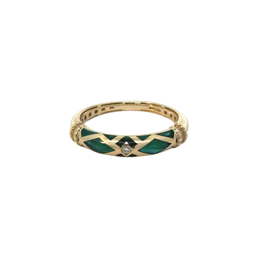 14k Gold Ring with Green Enamel and CZ for Women