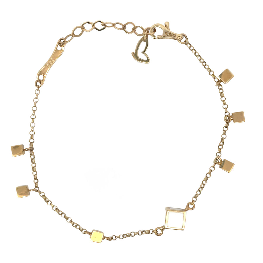 14k Gold Bracelet with Solid Cubes and White CZ, Adjustable 16.5 to 20 cm