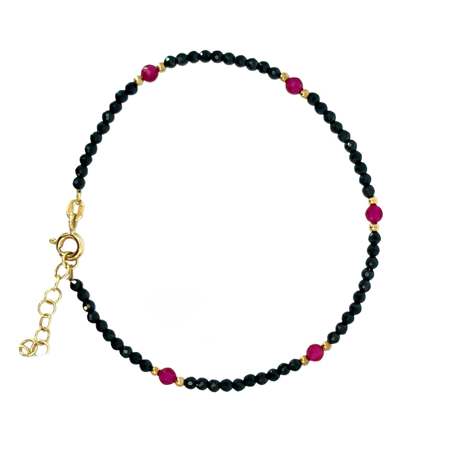 14k Gold Adjustable Bracelet with Black and Yellow Stones, 17-19 cm