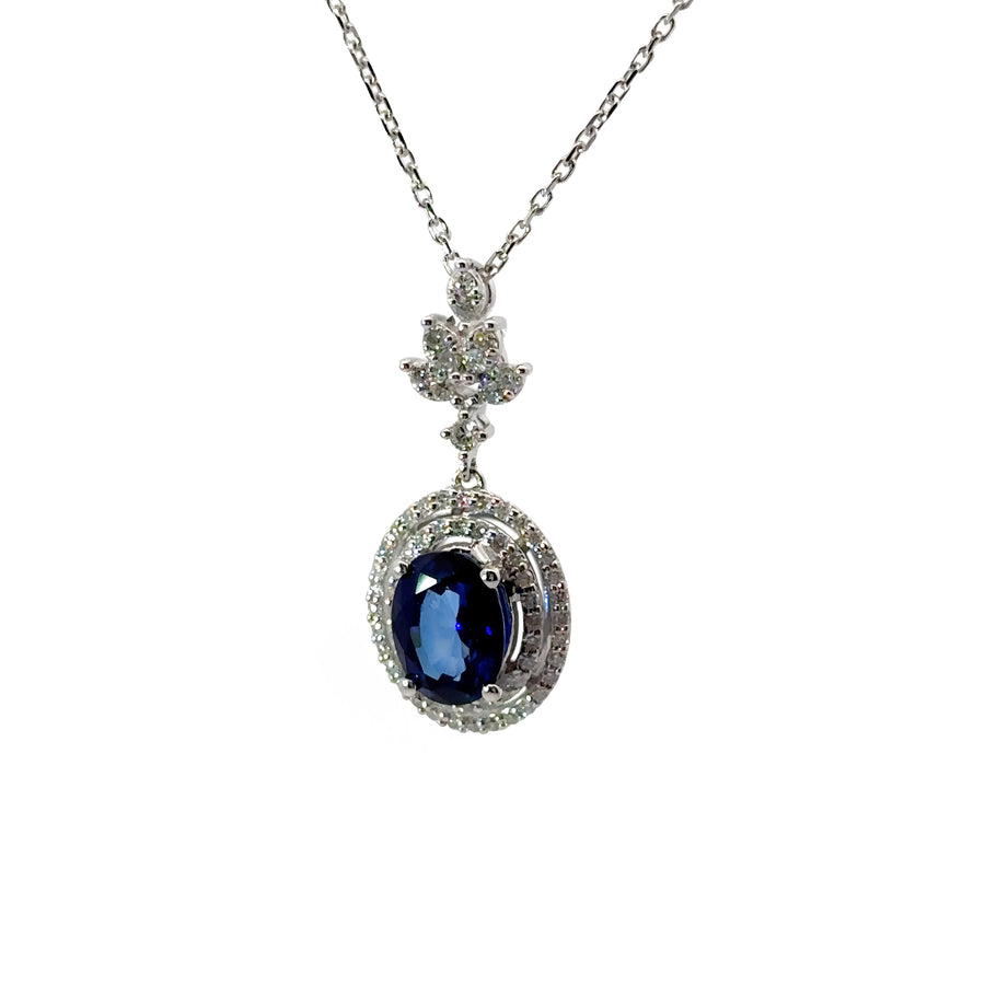 14k Gold Necklace with Diamonds and Sapphire (Set 2), 17 Inch