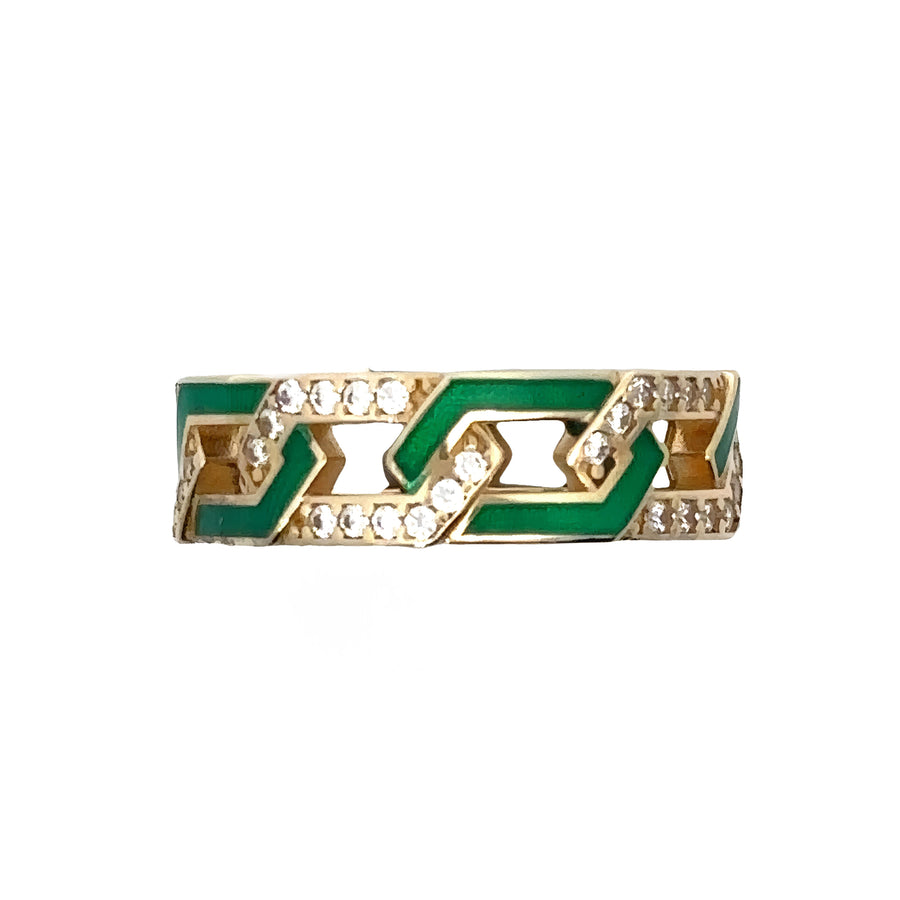 14k Gold Enamel Green Ring with Diamonds for Women