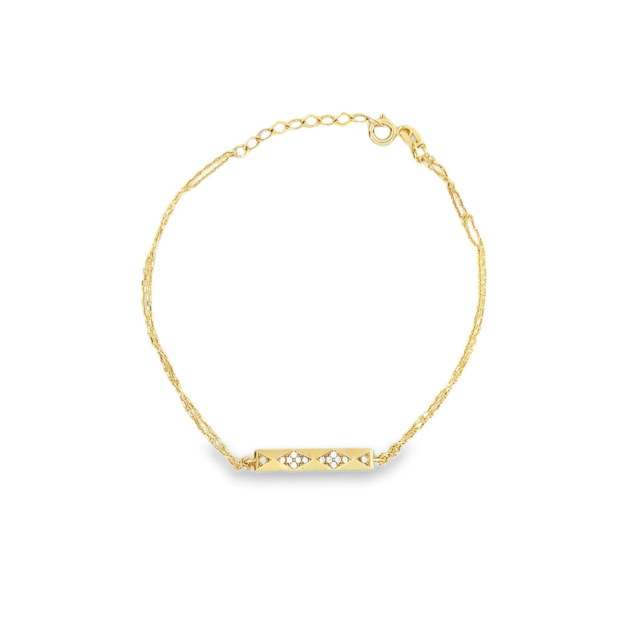 14k Yellow Gold Double Bracelet with Center Design and CZ Stones - Adjustable