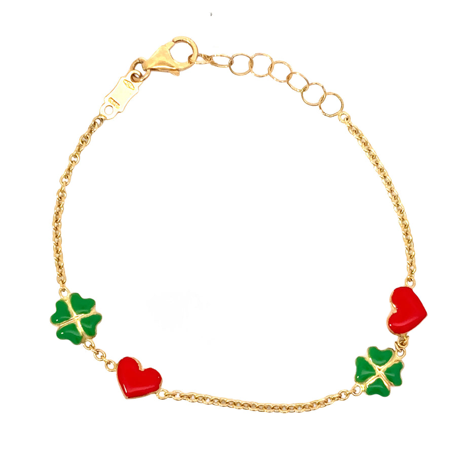 14k Gold Adjustable Baby Bracelet with Red Heart and Clover Charm