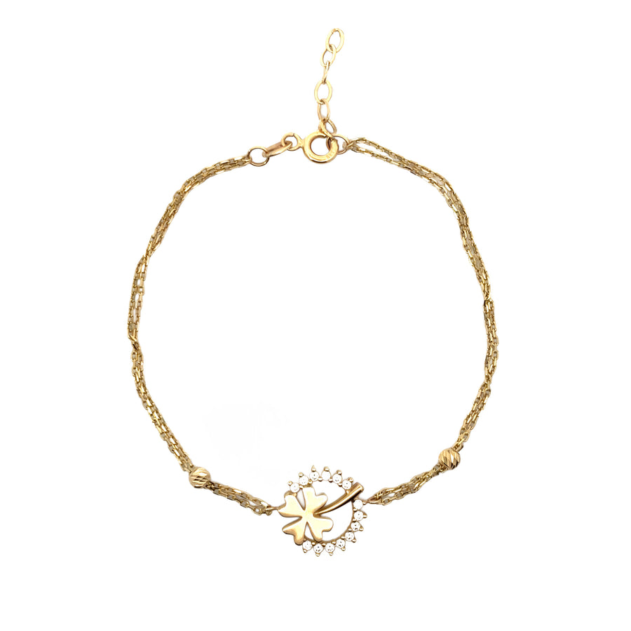 14k Gold Double Bracelet with Center Clover and CZ for Women - Set1