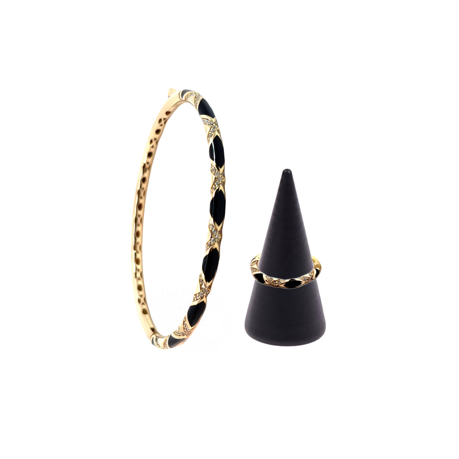 14K Yellow Gold Ring & Bangle with Black Enamel & CZ Accents