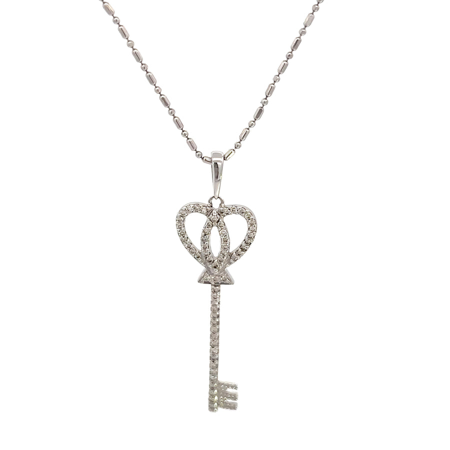 14k White Gold Key Pendant Necklace with Diamond