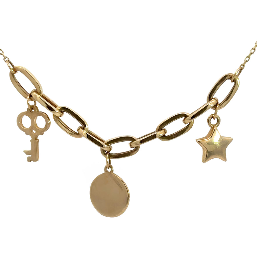 14k Gold Star, Key, and Circle Love Charm Necklace, Adjustable 19 to 20 Inches