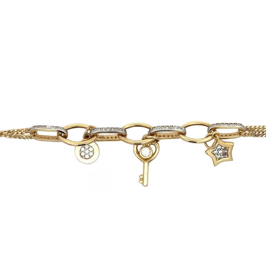 14k Gold Bracelet with Star, Circle, Key Charms & CZ, Adjustable 18 to 19 cm