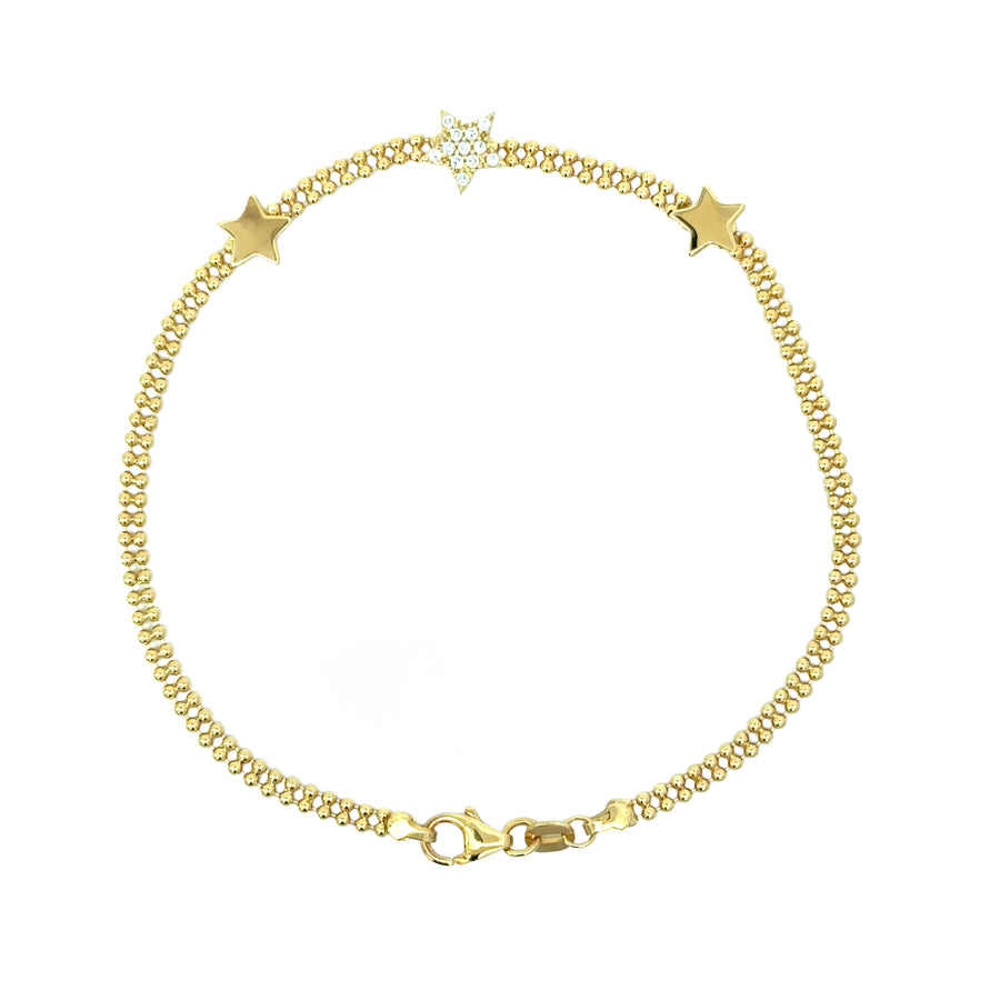 14k Gold Bracelet with Two Stars and CZ-Centered Star, 17 cm