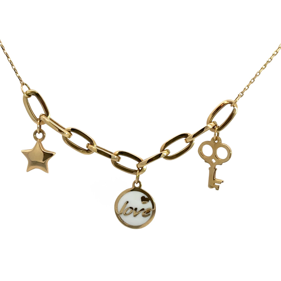 14k Gold Star, Key, and Circle Love Charm Necklace, Adjustable 19 to 20 Inches