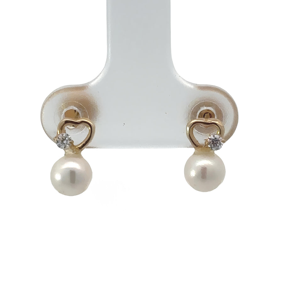 14k Gold Small Heart & Pearl Stud Earrings for Baby