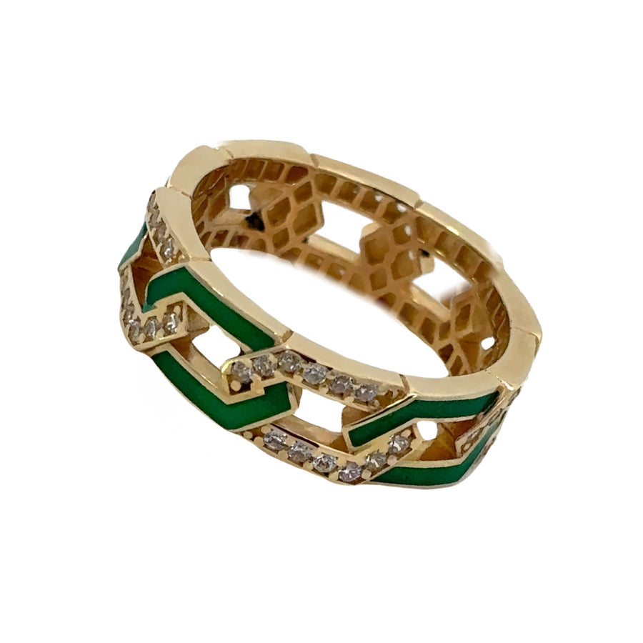 14k Gold Enamel Green Ring with Diamonds for Women