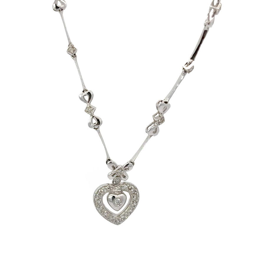 14k White Gold Necklace with Heart & Bow Accents