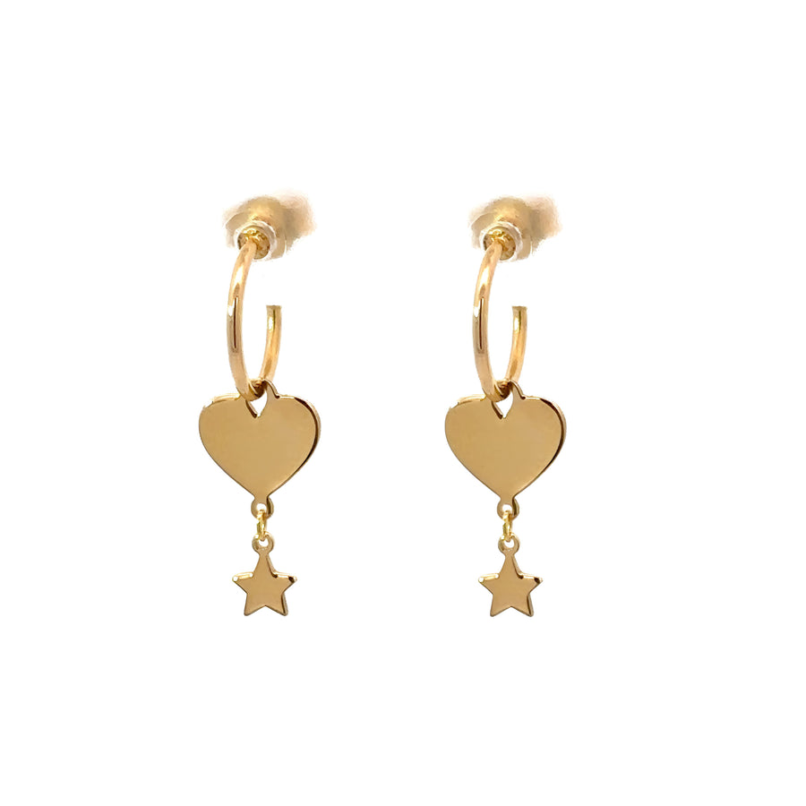 14k Gold XS Hoop Earrings with Solid Heart & Star