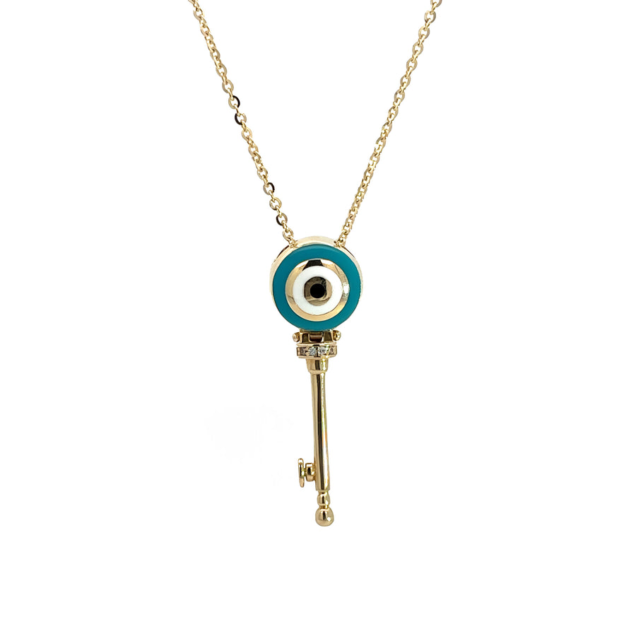 14k Gold Key Eye Necklace with Turquoise Enamel, Adjustable 19 to 20 Inches