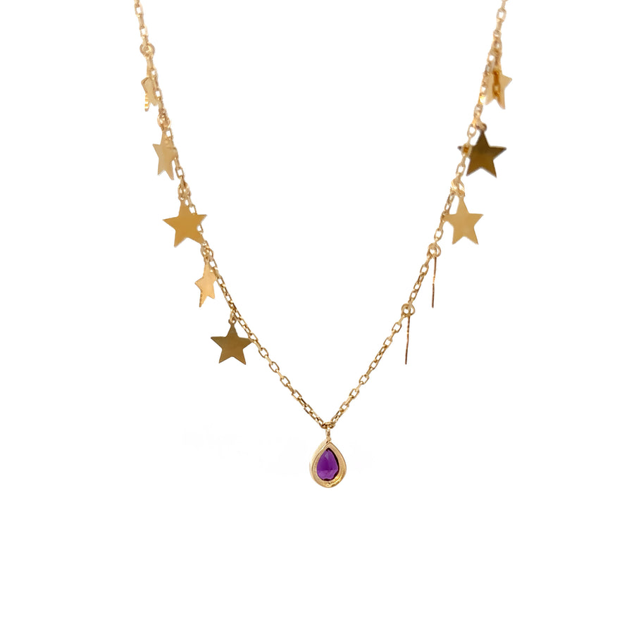 14k Real Gold Chain with Stars and Purple Stone