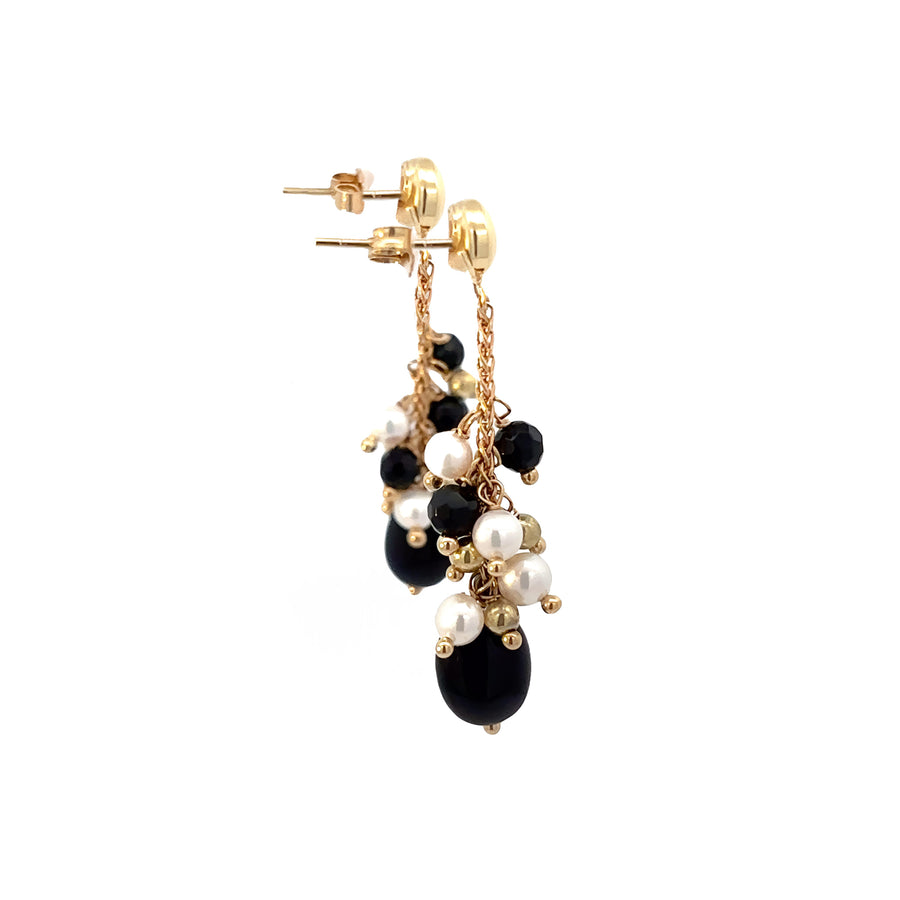 14k Gold Earrings with Pearl and Black Stones for Women