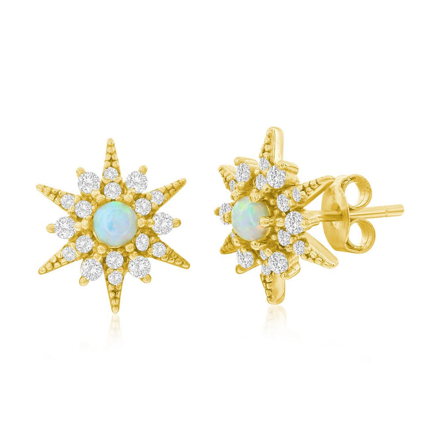 Sterling Silver White Opal Sunburst CZ Stud Earrings - Gold Plated