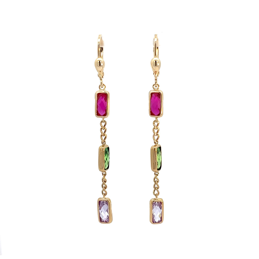 14k Gold Earrings with Multi-Colored 3-Stone Crystal for Women