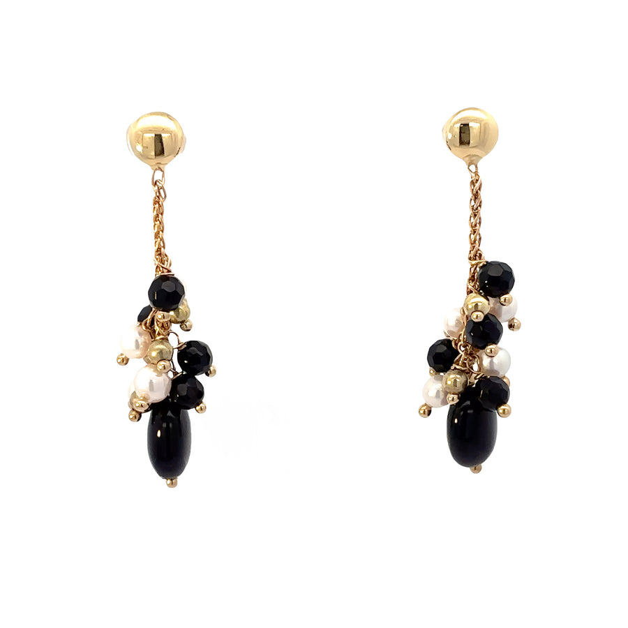 14k Gold Earrings with Pearl and Black Stones for Women