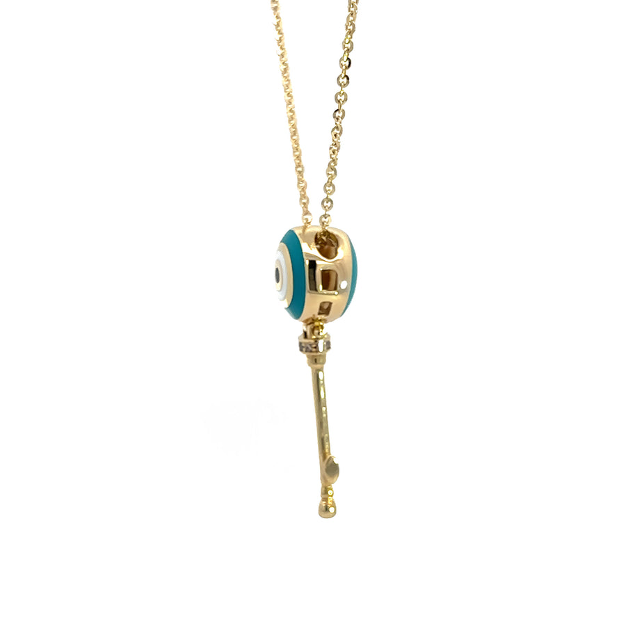 14k Gold Key Eye Necklace with Turquoise Enamel, Adjustable 19 to 20 Inches