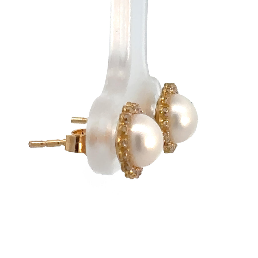 18k Gold Medium Pearl Center Stud Earrings for Baby and Women