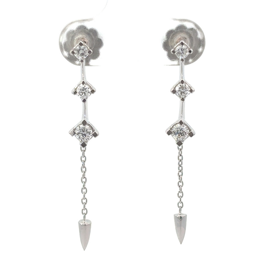 14k gold diamond dangling earrings on white background