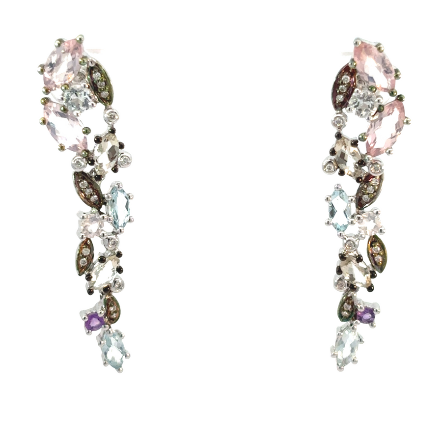 Close-up of 14k gold earrings with multi-color stones on white background