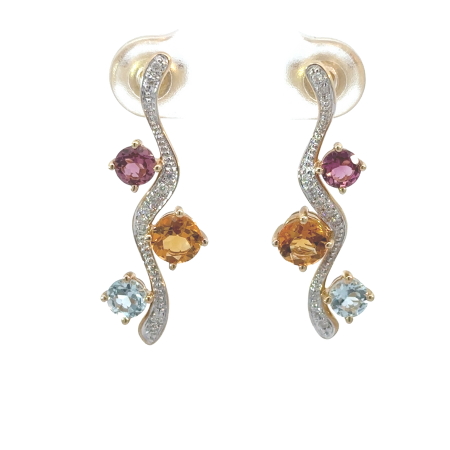 Women's elegant gold earrings with multicolored gemstones